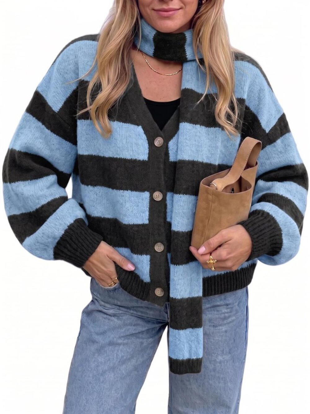 Cardigan Sweaters for Women Oversized Striped Cardigans with Scarf